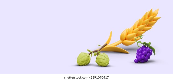 Purple poster with ear, green hop and grape bunch. Collection of natural products for drink making. Natural plants concept. Vector illustration in 3d style with place for text