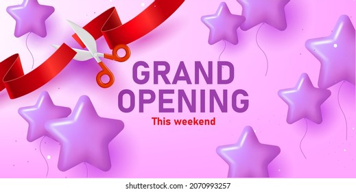 Purple poster for grand oppenting event with scissors cutting a red silk ribbon and balloons in shape of stars. 3d render illustration, purple backdrop