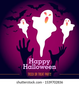 Purple poster with the inscription "Happy Halloween. Trick or treat party". Halloween ghosts with pink neon gradient, bats and zombie hands.