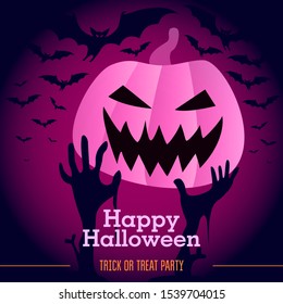 Purple poster with the inscription "Happy Halloween. Trick or treat party". Halloween pumpkin with pink neon gradient, bats and zombie hands.