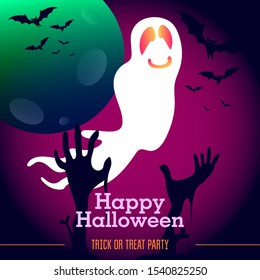 Purple poster with the inscription "Happy Halloween. Trick or treat party". Halloween ghost with pink neon gradient, moon, bats and zombie hands.