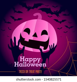Purple poster with the inscription "Happy Halloween. Trick or treat party". Halloween pumpkin with pink neon gradient, bats and zombie hands.