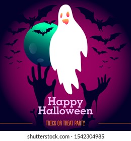 Purple poster with the inscription "Happy Halloween. Trick or treat party". Halloween ghost with pink neon gradient, moon, bats and zombie hands.