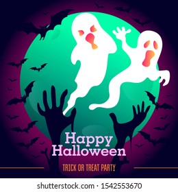 Purple poster with the inscription "Happy Halloween. Trick or treat party". Halloween ghosts with pink neon gradient, moon, bats and zombie hands.