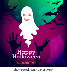 Purple poster with the inscription "Happy Halloween. Trick or treat party". Halloween ghosts with pink neon gradient, moon, bats and zombie hands.