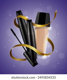 Purple poster with make-up products. Vector illustration
