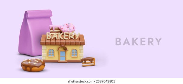 Lila Poster mit dem Modell der Bäckerei im Cartoon-Stil. 3d leckere Kuchen und Donuts. Leckere süße Produkte online bestellen. Vektorgrafik mit Platz für Text