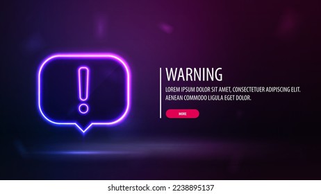 Purple poster with neon warning logo and title with button on blurred background.