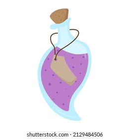 Purple potion in a bottle with a cork and label. A magic drink. Ingredient