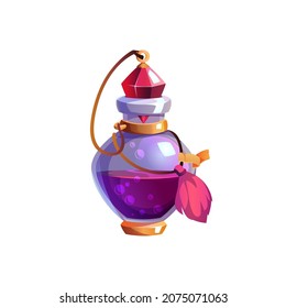 Purple potion bottle, wizard elixir flask with red diamond cork and pink feather decoration isolated cartoon icon. Vector jar with poison drink, elixir bottle, Halloween party magic poison beverage