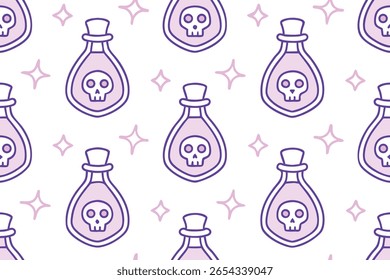 Purple potion bottles with skull emblems star accents arranged in a repeating pattern on