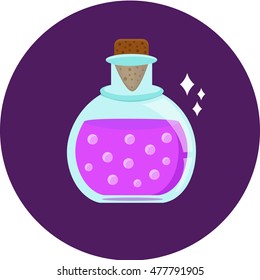 Purple potion. Life elixir. Bottle with liqid water for game design.