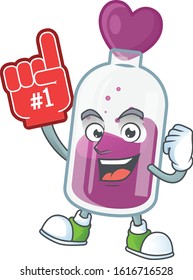 Purple Potion Mascot Cartoon Style Holding A Foam Finger