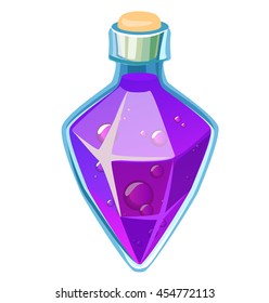 Purple potion. Shiny glass bottle with potion. Purple elixir. Bottle with liqid  water.  Potion on black. Game design bottle. Game design elixir faceted glass bottle. Potion of life. Magic potion