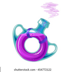 Purple potion. Shiny glass bottle with potion.  elixir. Bottle with liqid purple water.  Potion isplated on wiite. Game design bottle. Game design elixir glass bottle. Potion of life. Game object 