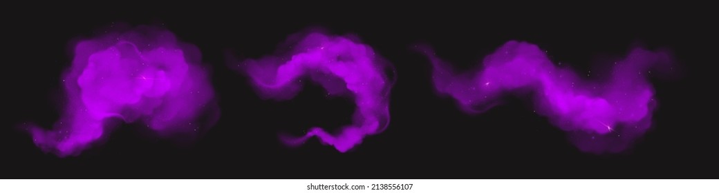 Purple powder clouds, magic dust splashes and flows. Vector realistic set of flowing violet steam or fog, paint powder with glitter particles and sparkles isolated on black background