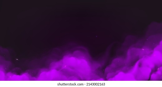 Purple powder clouds texture. Abstract effect of color mist or smog with glitter particles. Vector realistic illustration of violet steam, magic dust splash with sparkles on black background