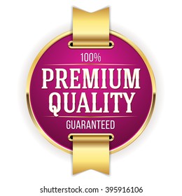 Purple premium quality badge, button with gold border on white background