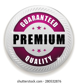 Purple premium quality badge with silver border on white background