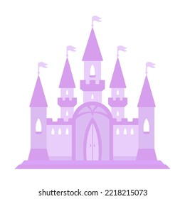 Purple princess castle. Medieval house. Magic kingdom. Vector clipart isolated on white background