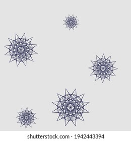 Purple Print Violet Luxury Mandala Background. Silver Dark Sharp Snowflakes Night Pattern. Stars White Mystery Metalic Christmas Sky Wallpaper. Cold Chaotic New Year Grey Winter Wallpaper.
