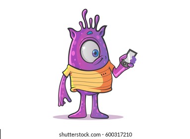 Purple Professional Monster looking at the cell phone. Vector Illustration. Isolated on white background.