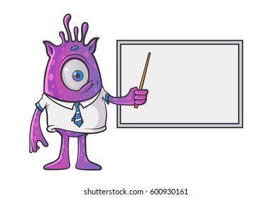 Purple Professional Monster teaching on the white board. Vector Illustration . Isolated on white background.