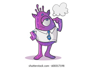 Purple Professional Monster thinking. Vector Illustration. Isolated on white background.