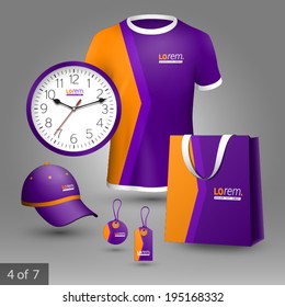 Purple promotional souvenirs design for company with orange arrow. Elements of stationery.