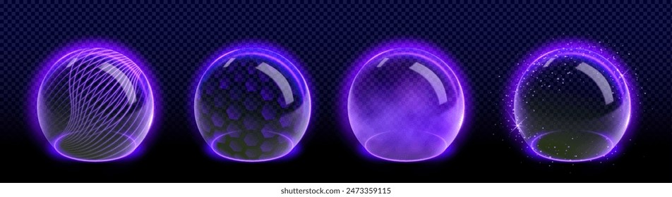 Purple protect shield sphere with neon glow effect. Realistic 3d vector set of futuristic dome energy shield. Glass transparent bubble with defense barrier field for protect and insurance concept.