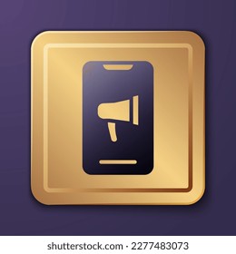 Purple Protest icon isolated on purple background. Meeting, protester, picket, speech, banner, protest placard, petition, leader, leaflet. Gold square button. Vector