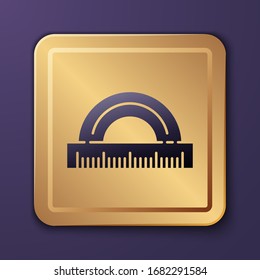 Purple Protractor grid for measuring degrees icon isolated on purple background. Tilt angle meter. Measuring tool. Geometric symbol. Gold square button. Vector Illustration