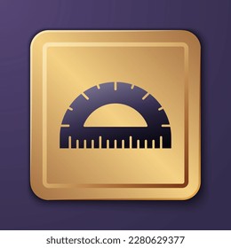 Cuadrícula de protractor púrpura para medir grados de icono aislado en fondo púrpura. Medidor de ángulo de inclinación. Herramienta de medición. Símbolo geométrico. Botón cuadrado de oro. Vector