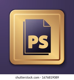 Purple PS File document icon isolated on purple background. Gold square button. Vector Illustration