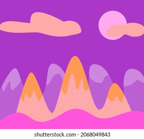 Paisaje vectorial púrpura psicodélico con nubes de montañas y el sol. 