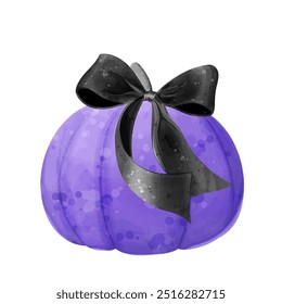 Calabaza púrpura con lazo negro. Ilustración de acuarela de Vector para diseño de Halloween