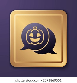 Purple Pumpkin icon isolated on purple background. Happy Halloween party. Gold square button. Vector