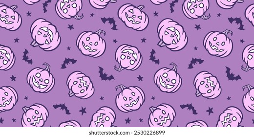 Fundo padrão repetitivo sem emenda de abóbora roxa, design de banner horizontal largo, papel de parede bonito do Halloween dos desenhos animados, repetir azulejo