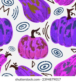 Purple pumpkins with fun elements. Texture, pencil, pastel, gouache. Vector overlapping seamless pattern.