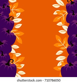 Purple pumpkins on orange border background card template. October holidays banner copy vertical empty space flyer vector.