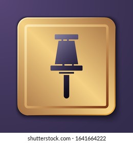 Purple Push pin icon isolated on purple background. Thumbtacks sign. Gold square button. Vector Illustration