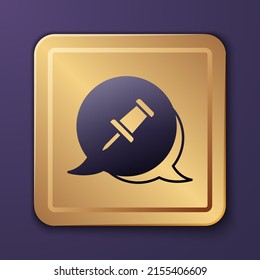 Purple Push pin icon isolated on purple background. Thumbtacks sign. Gold square button. Vector