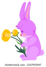 Purple rabbit with buttercups. Hand drawn vector illustration. Suitable for stickers, greeting cards, gift paper.