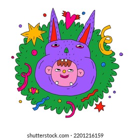 
purple rabbit in a christmas wreath. New Year's carnival 2023.Bunny costume for a psychedelic party.Funny bizarre character.Dressed up child.hand drawn funky and groovy. Sublimation plotter print