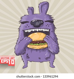 purple rabbit eating a hamburger