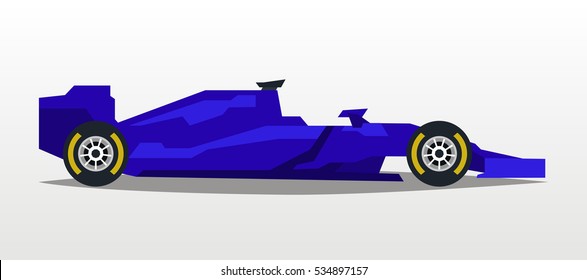 Purple racing bolid. Sports car. Quick transport. Powerful engine. Aerodynamic body. Side view, isolated on background. Vector illustration 