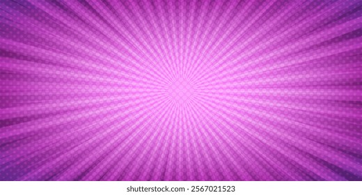 Purple radial comic background. Speed effect lines. Violet Pop art Backdrop. Dotted halftone texture. Template for poster, banner, comic book, magazine, cover