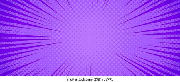 Purple radial dotted comic background. Speed lines wallpaper with pop art halftone texture. Anime cartoon rays explosion backdrop for poster, banner, print, magazine, cover. Vector illustration