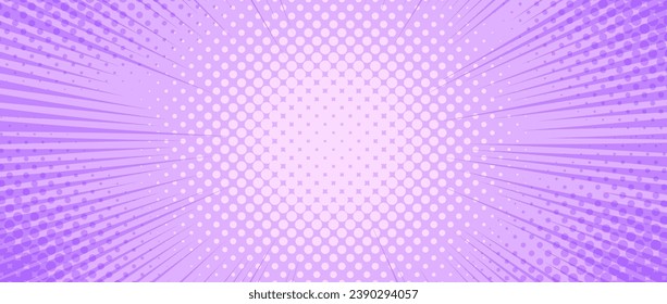 Purple radial dotted comic background. Speed lines wallpaper with pop art halftone texture. Anime cartoon rays explosion backdrop for poster, banner, print, magazine, cover. Vector lilac illustration