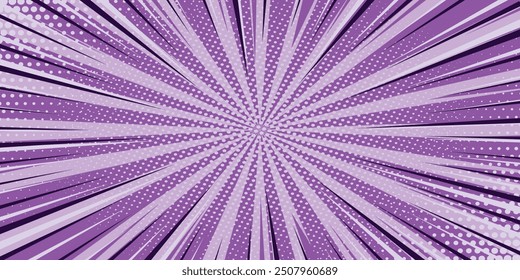 Purple radial dotted comic background. Speed lines wallpaper with pop art halftone texture. Anime cartoon rays explosion backdrop for poster, banner, print, magazine, cover. Vector illustration